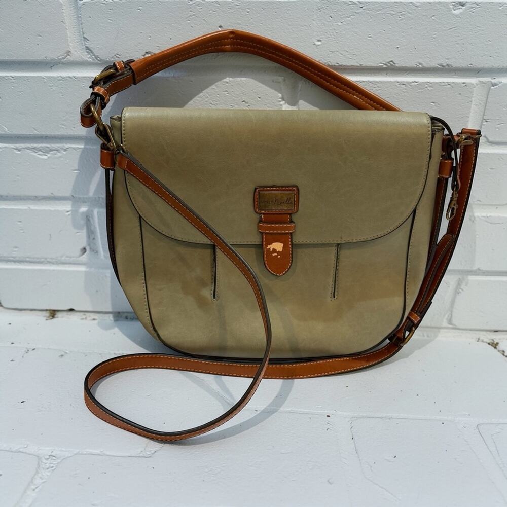 Simply Noelle Crossbody Saddle Bag Olive Green Tan Trim Multi Compartment